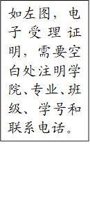 如左图,电子受理证明,需要空白处注明学院、专业、班级、学号和联系电话。